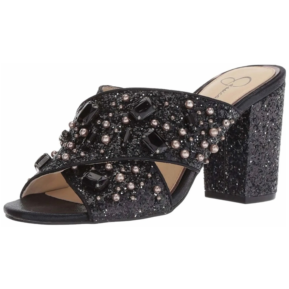Jessica Simpson RIZELL, Black Sequin and pearl Mule Pumps